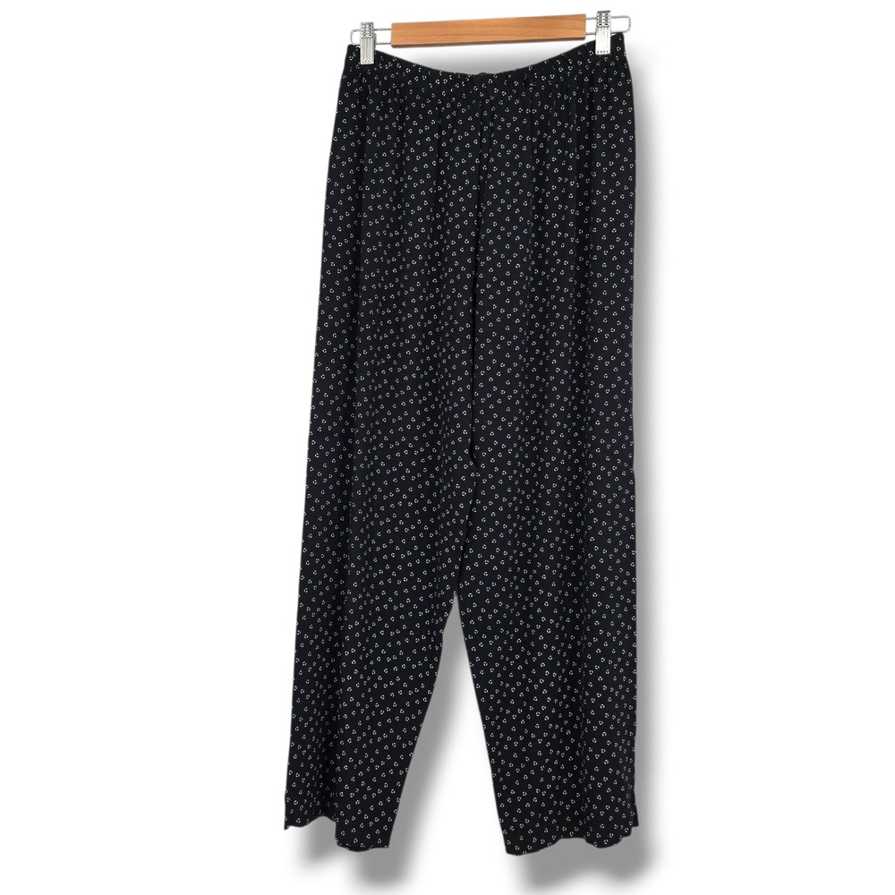 Vintage Blue Womens Wide Leg‎ Elastic Waist Pants Black White Geometric Print